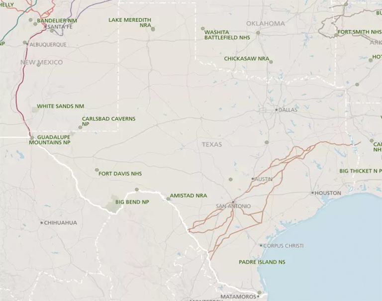 國家公園，古跡，歷史遺跡，自然保護區和德克薩斯州名勝古跡的地圖