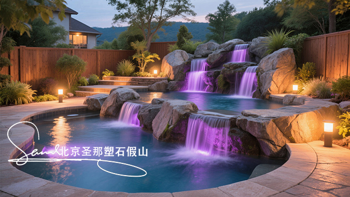 jimeng-2025-06-08-43-這是一座戶(hù)外景觀(guān)溫泉池。其造型設(shè)計(jì)獨(dú)特，以仿巖石形態(tài)構(gòu)建池壁，營(yíng)造出自然的山石氛圍 ，搭配幾處小型瀑布，水流潺潺增添靈動(dòng)之感。池內(nèi)有紫色燈光照明，營(yíng)造出夢(mèng)幻的....jpeg