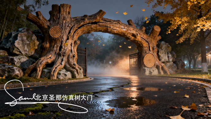 jimeng-2025-10-26-1700-這張圖片展示的是一處仿木景觀大門，屬于園林景觀造景的典型作品。 主體結(jié)構(gòu)：大門以....png